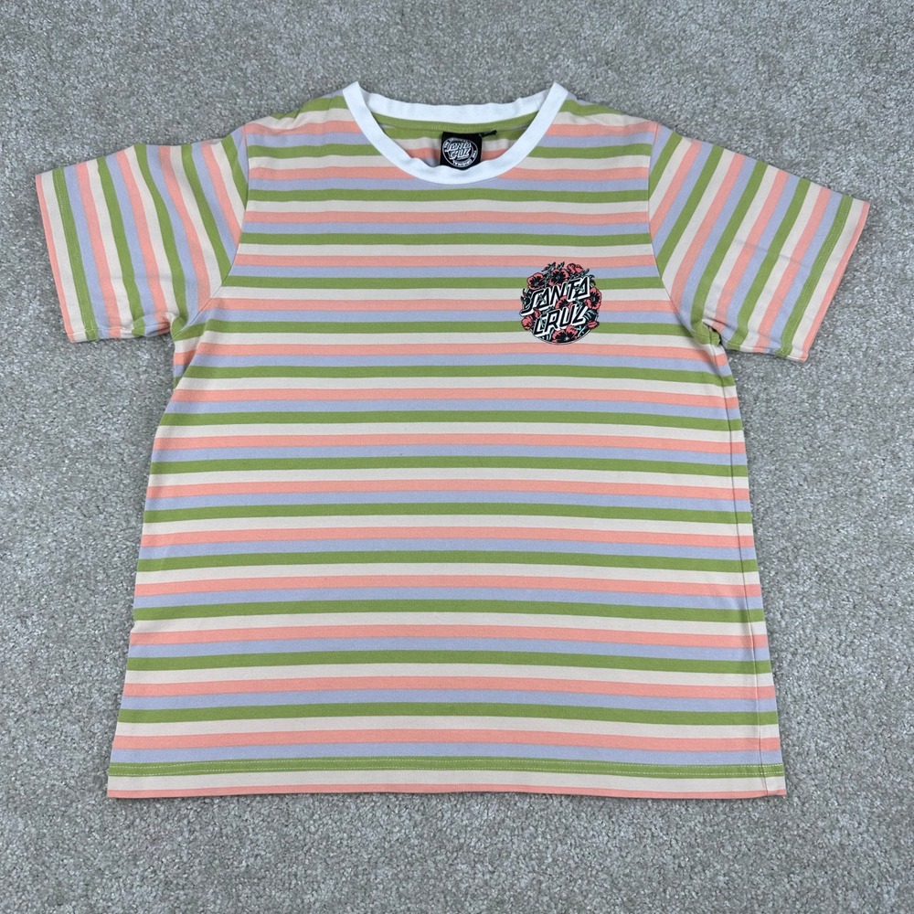 Santa Cruz Striped T-Shirt Small Pastel Green Pink Floral Logo Skater Surf Tee